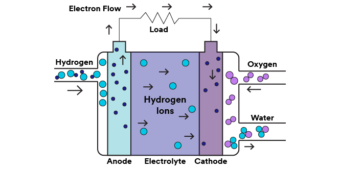 Schematische Darstellung der Funktionsweise einer Phosphorsäure-Brennstoffzelle.
