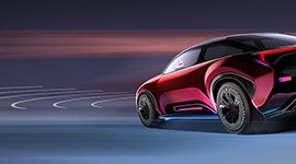 Sensorsteuerungstechnologie, dargestellt an einer roten Limousine mit nach außen gerichteten Sensoren.