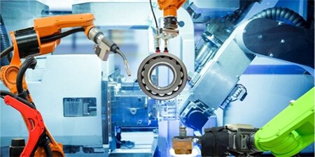 Stilisiertes Bild, das Maschinen zur Produktionsautomatisierung hervorhebt.

