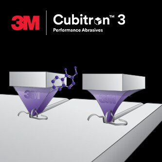 Schleifkörner auf einer Oberfläche, mit 3M Cubitron 3 Hochleistungs-Schleifmittel Logo
