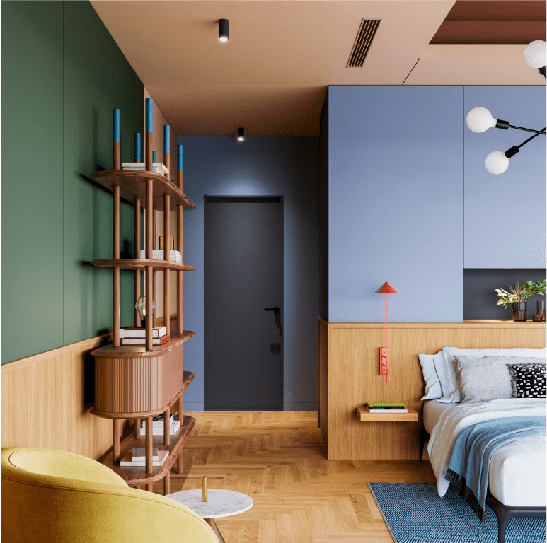 Architekturfolien in kräftigen Farben im Schlafzimmer 
