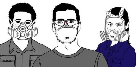 Illustration, die Arbeitnehmer mit verschiedenen Atemschutzmasken zeigt
