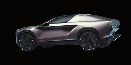3D-Darstellung eines futuristischen Coupés mit komplexem Design und großen Seitenfenstern.
