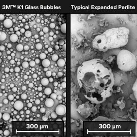 Mikroskopische Aufnahmen von 3M™ Glass Bubbles K1 im Vergleich zu Perlit