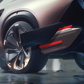 Eine komplizierte und detaillierte Heckseitenwand eines futuristischen Fahrzeugs