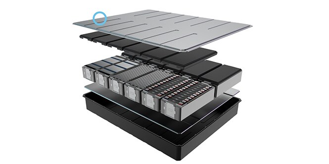 Explosionszeichnung einer EV-Batterie, zeigt die Position von Sheet Molded Composites
