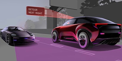 Darstellung eines futuristischen Autos, das Sensorwellen aussendet.
