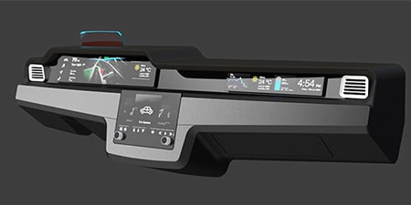 Hochdetaillierte 3D-Darstellung eines futuristischen Armaturenbretts.
