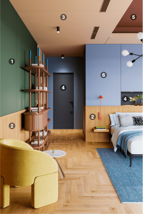 Architekturfolien mit einer Mischung aus Holz und kräftigen Farben in einem Schlafzimmer. 
