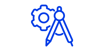 Zahnrads und Zirkel, blaue Linienillustration mit einem weißen Hintergrund.
