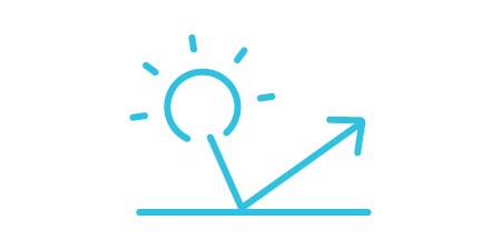 Symbol für „Kontrolle und Ableitung von Wärme von kritischen Komponenten“ in Form einer Sonne, deren Strahlung von einer Oberfläche reflektiert wird.

