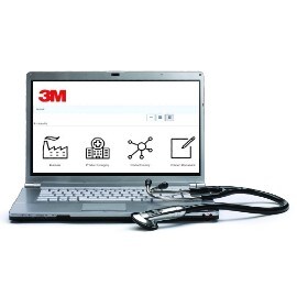 Ein Laptop auf dem die Seite der 3M IFU-Suche und ein Littmann Stethoskop daneben abgebildet sind.
