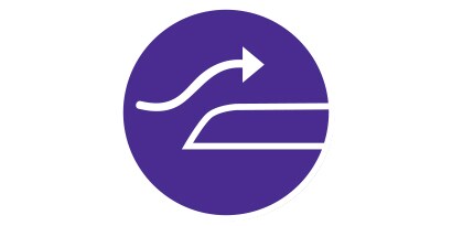 Violett-weißes Symbol mit einem Pfeil, der über den Rand eines Verbands nach oben weist.
