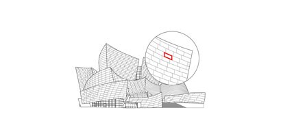Skizze des Disney Concert Hall Gebäudes und wo dort VHB™ Klebeband verwendet wird.
