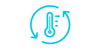 Symbol einer Temperaturanzeige und zwei Pfeilen, die um die Anzeige kreisen. Es handelt sich um eine blaugrüne Linienillustration mit weißem Hintergrund.
