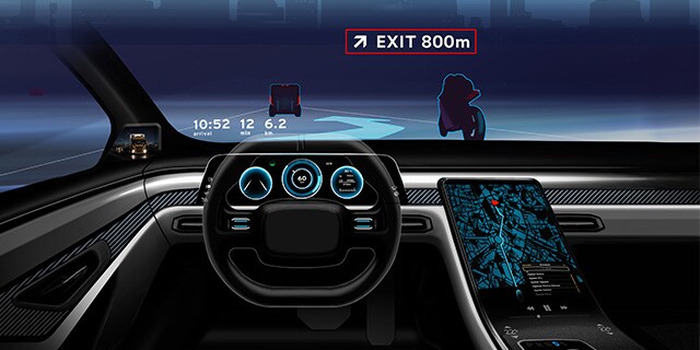 Head-up-Display für HMI, das den Innenraum einer Limousine und deren HUD zeigt.