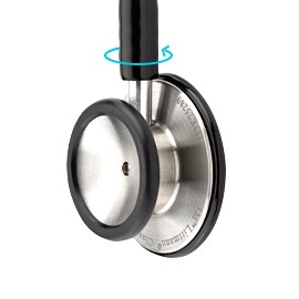 Bruststück eines 3M Littmann Classic III Stethoskops mit einem türkisen Pfeil, der die Drehung des Bruststücks anzeigt.