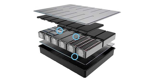 Explosionszeichnung einer EV-Batterie, zeigt die Position von Klebstoffen und Gap Fillern
