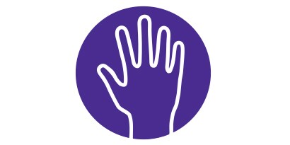 Violett-weißes Symbol mit dem Umriss der Hand eines Mediziners.
