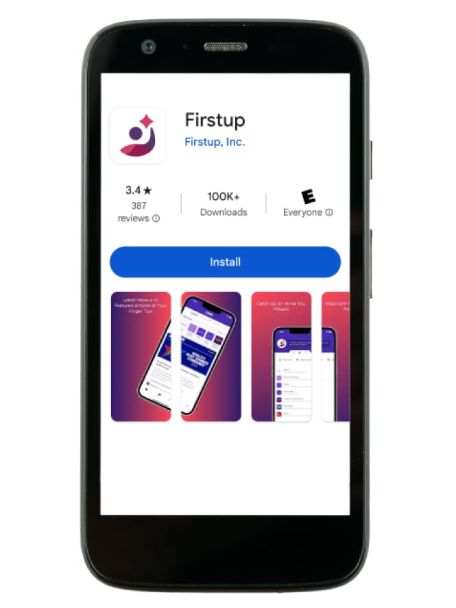 Ein Smartphone, auf dem die Firstup-App angezeigt wird.
