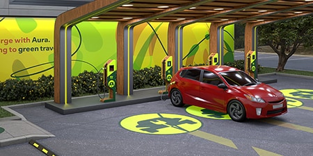 Ladestation für Elektrofahrzeuge, mit Fahrbahnmarkierungsprodukten.
