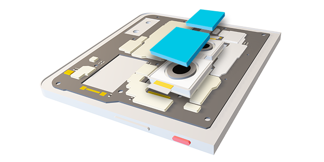 3D-Darstellung von 3M EMI-Absorbern, die auf störenden Komponenten angebracht sind.
