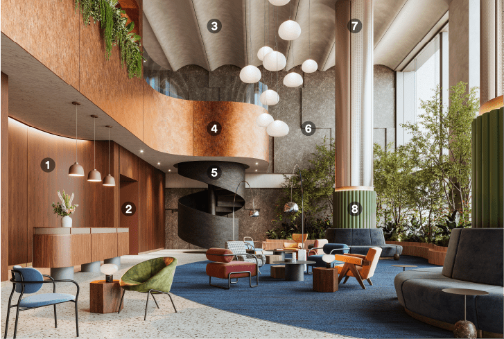 Moderne Lounge aus der Mitte des Jahrhunderts, renoviert mit natürlichen Architekturfolien 

