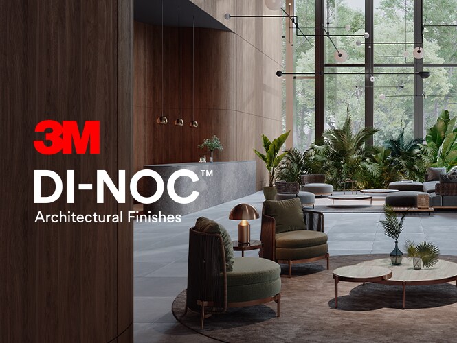 Hotellobby mit 3M Architectural Finishes und 3M DI-NOC Architectural Finishes-Logo
