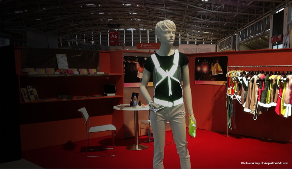 Clothing with reflective fashion elements from Vespertine, a clothing line inspired by bicycle safety.