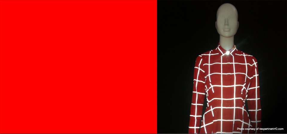 A fashionable top from Vespertine, which uses 3M technology to add reflective pieces to clothing for a more eye-catching look.
