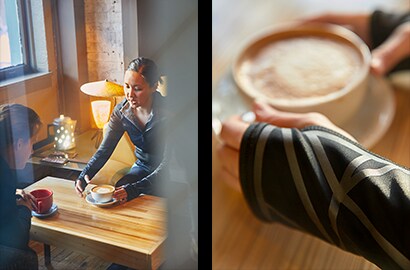 Mann und Frau trinken Kaffee, Großaufnahme von Scotchlite Black Stretch Reflective auf dem Ärmel der Frau mit Kaffee.
