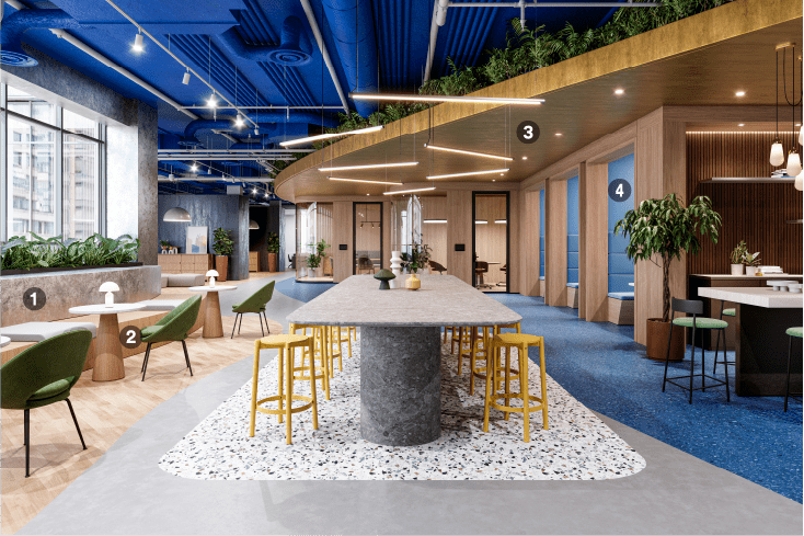 Moderner Coworking-Space, renoviert mit kräftigen Farben und natürlichen Architekturfolien 

