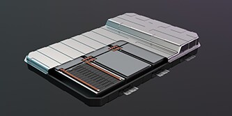 3D-Darstellung einer Elektrofahrzeugbatterie.