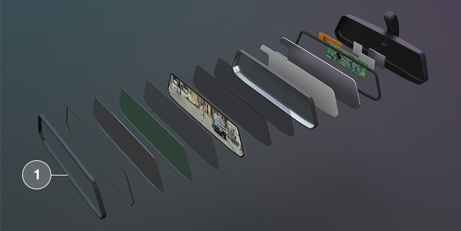 Explosionsdarstellung einer 3M Displayverklebung, die zeigt, wo 3M™ Thin Bond Klebebänder, 3M™ VHB™ Klebebänder und Spiegelhalter mit 3M™ Konstruktionsklebeband eingesetzt werden können.
