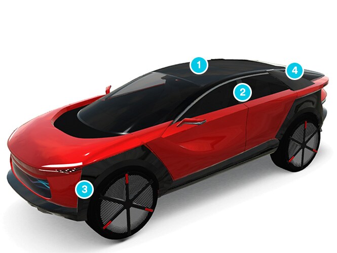 Ein roter Geländewagen mit nummerierten Ziffern 1–4 auf der Außenseite. 
