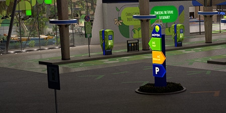 Ladestation für Elektrofahrzeuge mit überlagerter beleuchteter Beschilderung.
