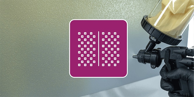  Lackierer lackieren ein Teil mit der 3M Hochleistungslackierpistole 2, mit illustrativen Symbol für Textur

