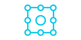 Das Symbol besteht aus einem Quadrat mit Kreisen an den Ecken und Kanten. Es handelt sich um eine blaugrüne Linienillustration mit weißem Hintergrund.
