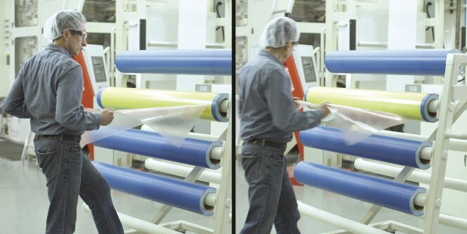 Seite-an-Seite-Bilder, die zeigen, wie Flexodruckplatten leichter vom 3M Cushion-Mount Pro Series-Klebeband entfernt werden können