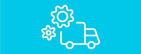 Symbol eines LKW mit Zahnrädern, das eine effiziente Bestellung und Montage darstellt
